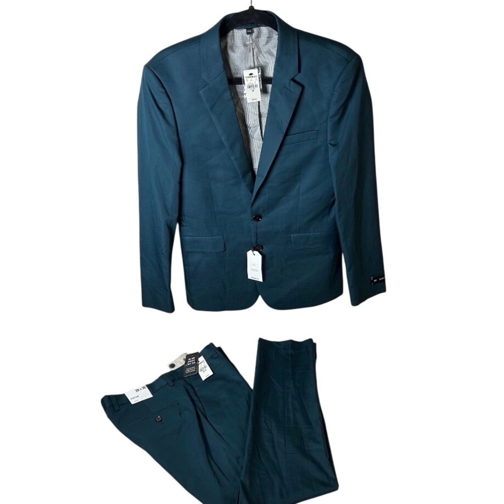 Express Mens Extra Slim Stretch Suit Set Teal 36S Jacket 28x30 Pants NWT